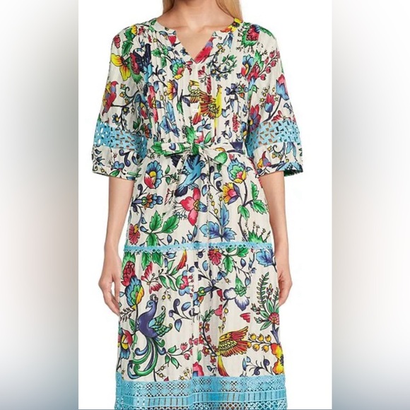 John Mark Dresses & Skirts - Floral Print Split Neck Short Sleeve Lace Trim Button Front Midi Dress size L